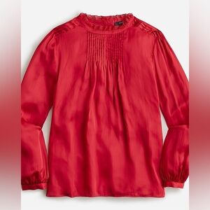 NWT J Crew Ruffle neck Drapey Pleated Satin Red Blouse Top Long Sleeve Sz XS